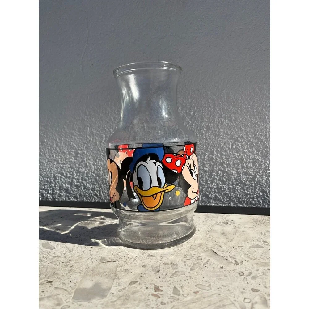DISNEY Vintage‎ 1986 Mickey Minnie Daffy Duck Glass Carafe Pitcher Decanter Vase